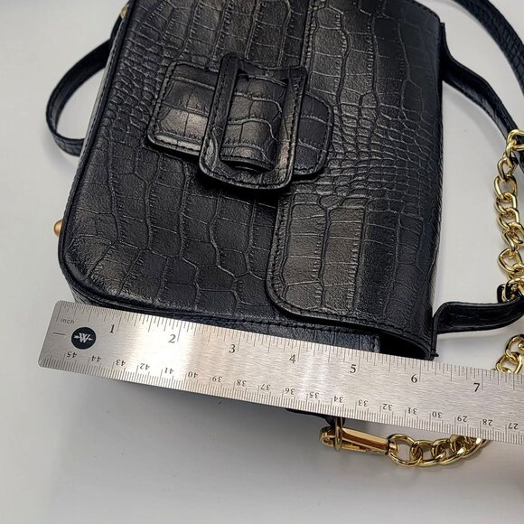 Black Croc Embossed Genuine Leather Crossbody Bag with Gold Chain Strap & Buckle - Picture 9 of 15